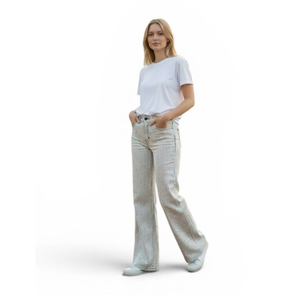 Zara Wide Leg Cotton Jeans Green Pinstripe High Rise Pants Women's 8